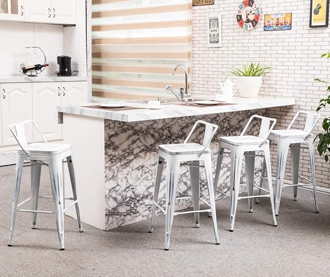 Yongchuang 30 inch Bar Stools Set of 4 Bar Height Metal Barstools with Wood Seat Distressed White Low Back Kitchen Bar Chairs