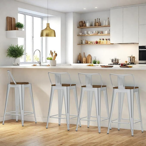 26 Inch Swivel Bar Stools Set of 4, Counter Height Bar Stools with Low Back, Metal Industrial Bar Chairs for Kitchen Island (Silver)