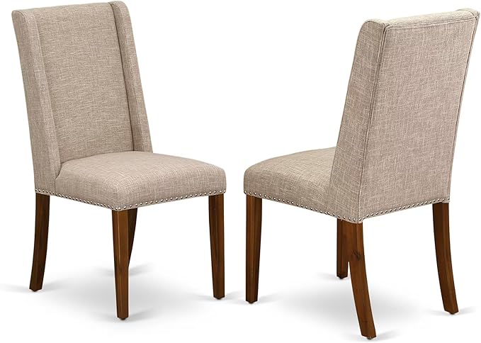 NEFL5-AWA-04-5-Piece Dining Room Set Consists of a Wooden Table and 4 Light Tan Linen Fabric upholstered Chairs with Padded Chair Back - Antique Walnut Finish.