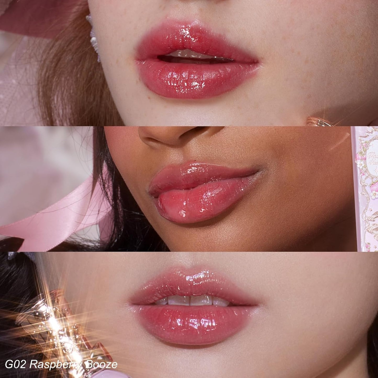 Flower Knows Violet Strawberry Rococo Glowy Lip Gloss 3-Piece Set,G01+G02+G03 with Canvas Tote Bag & Hair Clip,Moisturizing Lip Oil,Hydrating Lip Plumper Makeup for Girls & Women