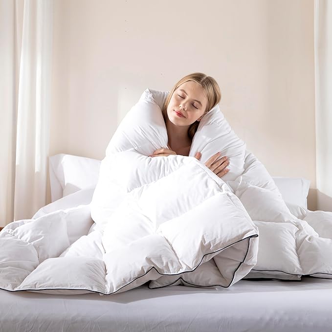 DOWNCOOL Feather Comforter Twin, White Fluffy Duvet Insert with Ultra Soft 100% Cotton Cover, All Season Luxurious Hotel Bed Comforter Twin with Corner Tabs, 68"x90"