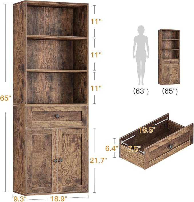 Casaottima Bookshelf and Bookcase with Doors and Drawer, Floor Standing 6-Tier Shelf Display Storage Shelves, Tall Bookcases for Home Office, Living Room, Vintage