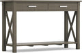 SIMPLIHOME Kitchener Console Table - 47 Inch Wide Solid Wood Sofa Table in Farmhouse Grey, Contemporary Storage Table for Entryway or Living Room with 2 Drawers, Bottom Shelf, and X-Design Side Panels