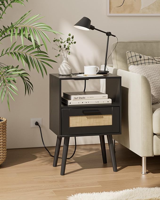 Bedroom Nightstands Wooden Night Stands with Rattan Weaving Drawer Home Bedside End Table for Bedroom Storage (Modern-Black)