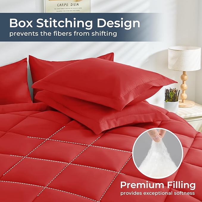 HEVUMYI Red Cali-King Comforter Set - 7-Piece All Season Bed in a Bag Cali-King, Ultra Soft Bedding Set with Comforter, Flat Sheet, Fitted Sheet, Pillowcases, Pillow Shams