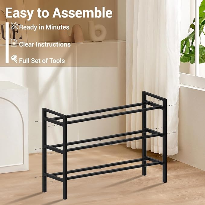 Haddockway Bamboo Shoe Rack for Closet, Free Standing Shoe Organizer with Smooth Round Rods & Convenient Handles, Stackable Shoe Storage Shelf for Entryway, Hallway(Black, 3-Tier)
