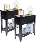 Narrow End Table, Black Couch Table with Drawer, Slim Bed Side Table for Small Space/Night Stand Set of 2, Side Table for Couch
