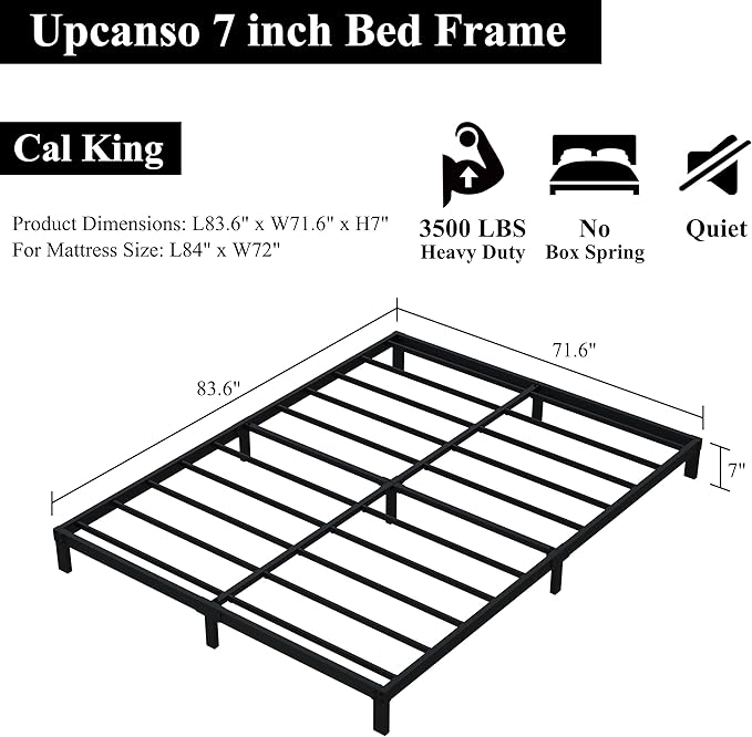 7 Inch California King Bed Frame No Box Spring Need, Low Profile Metal Platform Cal King Size Bed Frame, Heavy Duty Support Bedframes California King, Easy Assembly