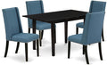 East West Furniture NOFL5-BLK-21 5 Piece Dinette Set for 4 Includes a Rectangle Dining Room Table with Butterfly Leaf and 4 Blue Linen Fabric Upholstered Chairs, 32x54 Inch, Black