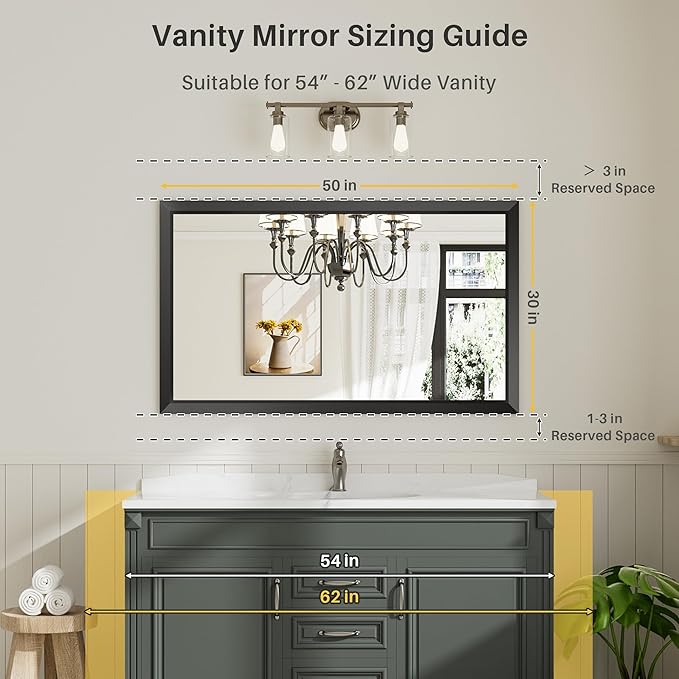 50x30 Inch Black Bathroom Mirror for Wall, Thick Metal Framed Rectangle Mirrors for Over Sink, Bedroom, Living Room, Entryway, Anti-Rust, HD Tempered Glass