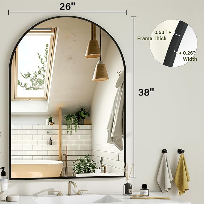 Arch Bathroom Mirror, 26x38 inch Arched Bathroom Mirror/Wall Mounted Vanity Mirror - Arch Metal Frame Wall Mirror for Bathroom Bedroom Living Room, Black
