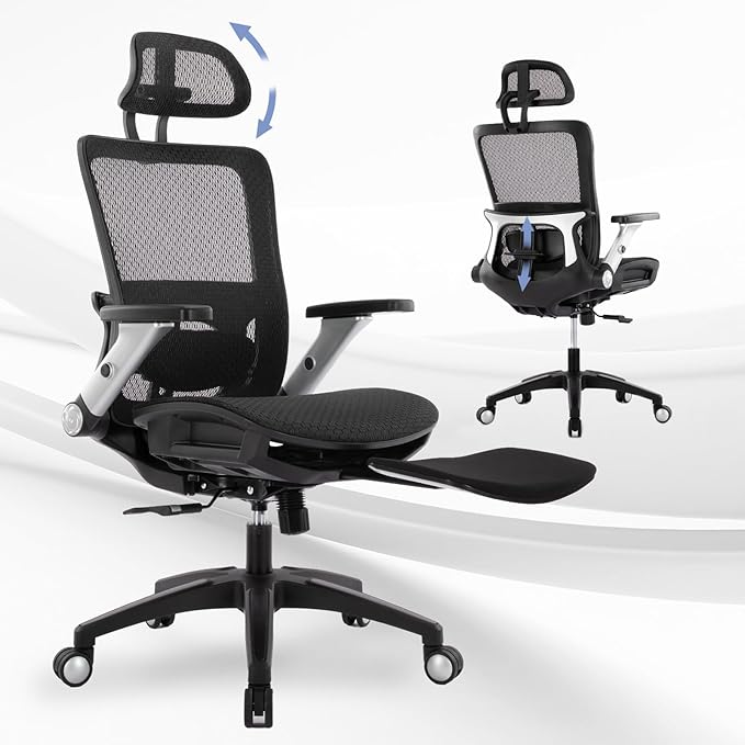 COLAMY Executive Mesh Office Chair with Footrest, Ergonomic Chair High Back with Adjustable Lumbar Support, Computer Desk Chair for Office/Work-Black