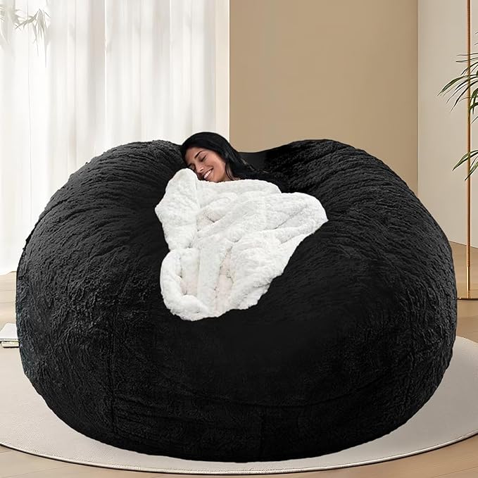 BCU Oversized Bean Bag Cover Comfy Beanbag Chair for Adults Without Filler Faux Fur Lazy Sofa Cover for Living Room Chairs, Black, 5FT
