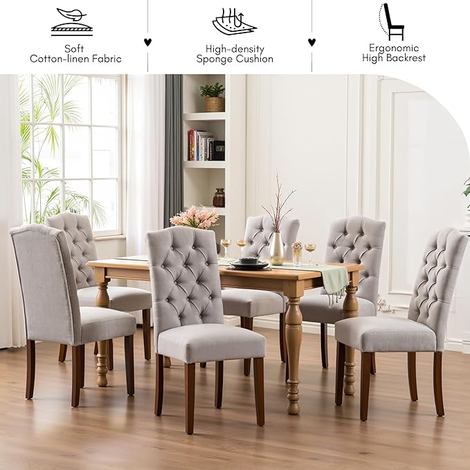 Tufted Upholstered Parsons Dining Chair Set Fabric Diner Accent Stylish Modern Kitchen Living Room with Button Sturdy Solid Wood Legs