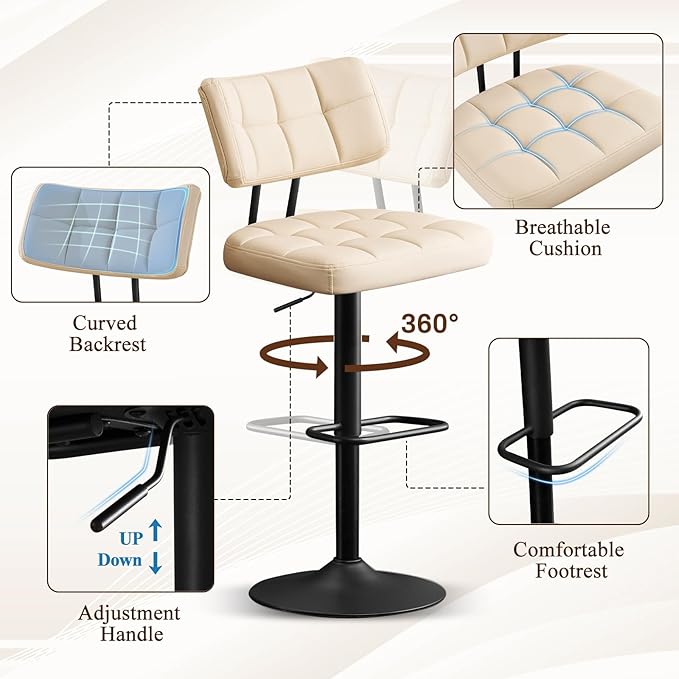 Furniliving Modern Bar Stools Set of 2 Faux Leather, Upholstered Swivel Barstools with Back, Adjustable Bar Chairs Counter Height for Kitchen Island, Dining Space, Beige