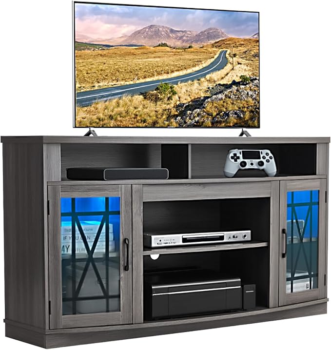 VEVOR TV Stand for TVs up to 65 inch, Farmhouse Entertainment Center with Light Strip, Wooden TV Cabinet Storage with Glass Doors and Adjustable Shelves, Console Table for Living Room, Bedroom, Gray