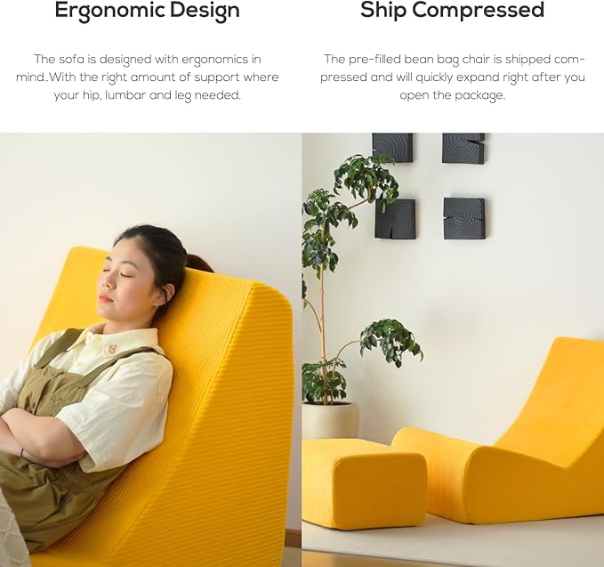 N&V Bean Bag Chair Single Seated Foam Sofa Armless Floor Sofa with High Density Foam Removable and Machine Washable Cover (Burnt Yellow, Large, Corduroy Stripes)