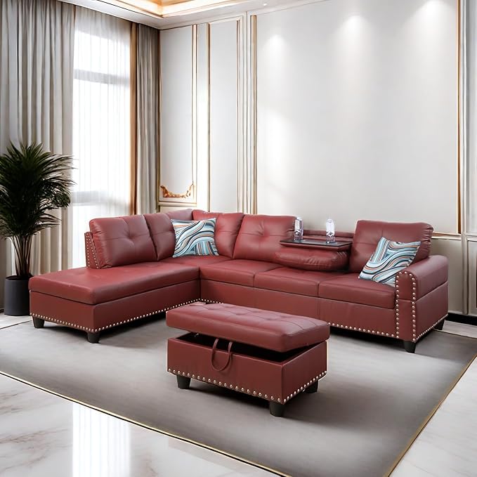 LeatherL Shaped Couch with Ottoman, Modern Nail-Head Design Comfy Sectional Sofa with Cup Holder & Chaise for Living Room, Bedroom, Office, Red
