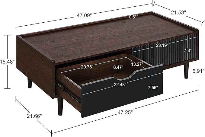 Manhattan Comfort Duane Mid Century Modern Ribbed Nightstand and Coffee Table with Storage, Living Room Furniture with Cabinet, Shelves and Iron Metal Feet, Set of 2, Black