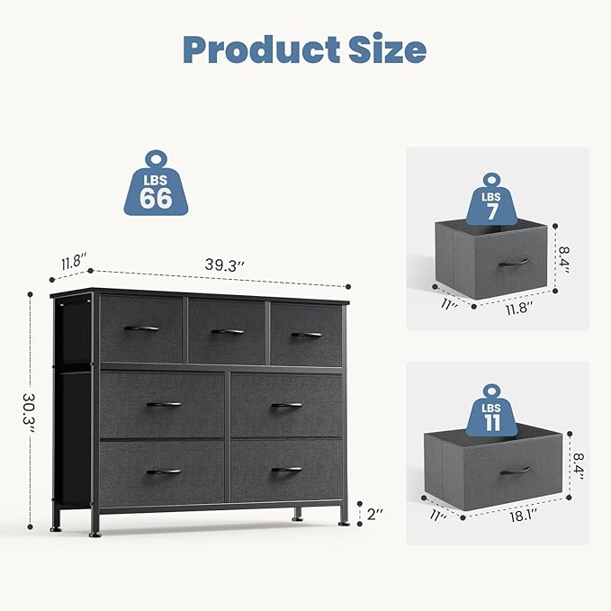 DUMOS TV Stand Dresser with 7 Fabric Drawers, Multifunctional Storage Organizer for Living Room Bedroom Closet, Entertainment Center Cabinet Chest Modern Furniture for Clothing,Charcoal Gray
