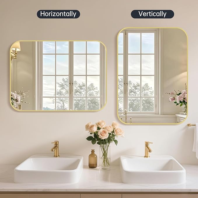 20x30 Inch Bathroom Mirror for Wall, Gold Framed Rectangle with Rounded Corner, Aluminum Alloy Brushed for Bedroom or Living Room, Vertical or Horizontal