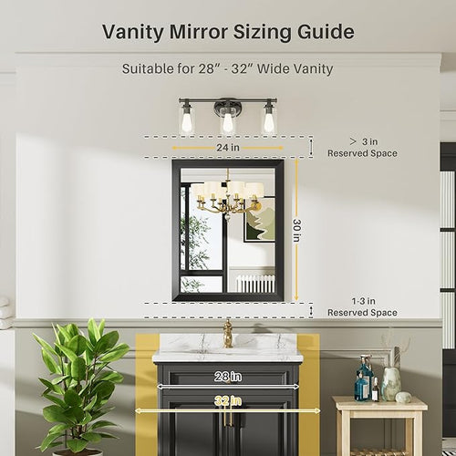 24x30 Inch Black Bathroom Mirror for Wall, Thick Metal Framed Rectangle Mirrors for Over Sink, Bedroom, Living Room, Entryway, Anti-Rust, HD Tempered Glass