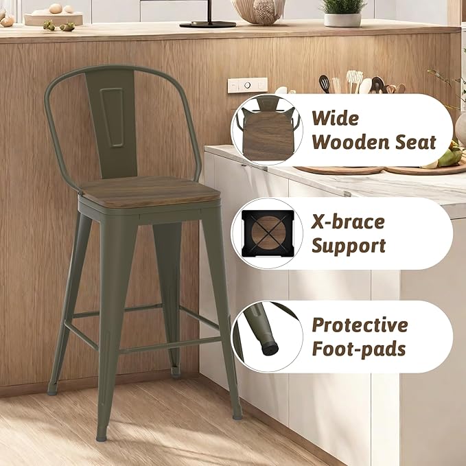 24” Swivel Bar Stools Set of 4, Counter Height Bar Stools Wooden Seat, Metal Industrial Bar Chairs with High Back for Kitchen Island (Rusty)