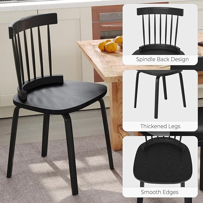 Unovivy Black Dining Chairs Set of 4, Wooden Windsor Chairs, Farmhouse Kitchen Chairs, Black Spindle Chair for Dining Room, Restaurant
