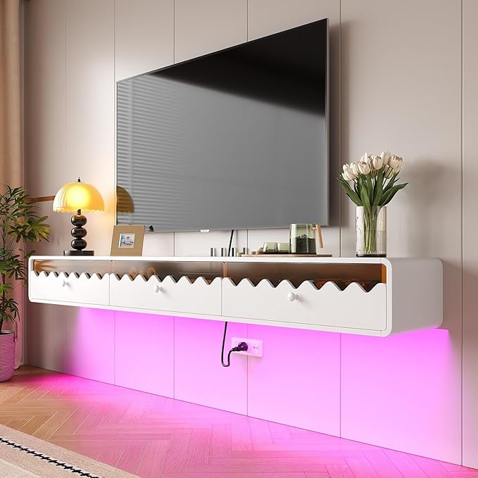Floating TV Stand, 86IN Fully-Assembled Wall Mounted Wave Glass with Flip-Down Door & Drawers, Modern Media Entertainment Console Under TV Shelf for Livingroom