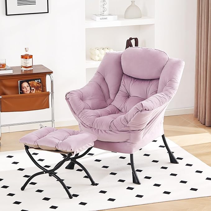 Lazy Chair and Ottoman, Large Accent Lounge Chair with Armrests and a Side Pocket, Modern Leisure Upholstered Sofa Reading Armchair with Footrest for Bedroom, Living Room, Dorm Rooms, Office