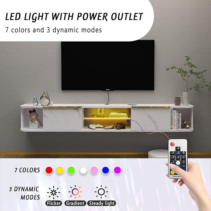 Pmnianhua LED Floating TV Stand with 2 Drawers,78'' Floating TV Shelf with LED Lights,Wall Mounted Media Console,Floating Entertainment Center with Storage for Bedroom Playroom Living Room(White)