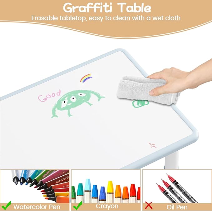 GarveeHome Kids Table and 2 Chairs Set, Height Adjustable Toddler Table and Chair Set for 2, Graffiti Desktop, Non-Slip Design, Children Table for Home Daycare Preschool for Ages 2-8, Gray Blue