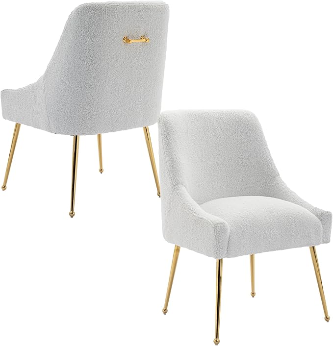 Modern Velvet Dining Chairs Set of 4, Contemporary Upholstered Furniture Collection with Polished Gold Metal Legs, Elegant Accent Chairs for Kitchen Living Room(Teddy Fleece,White)
