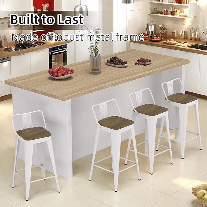 White Bar Stools Set of 4, Metal Bar Stools with Wooden Seat, Modern 30”Counter Height Barstools with Low Back