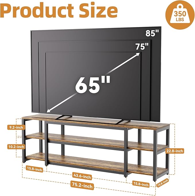 Aquzee 85 inch TV Stand, Entertainment Center for 70 75 80 85" TV, 75.2" Wide Wood Television Console Table for Living Room Bedroom Gaming Room, Rustic Brown