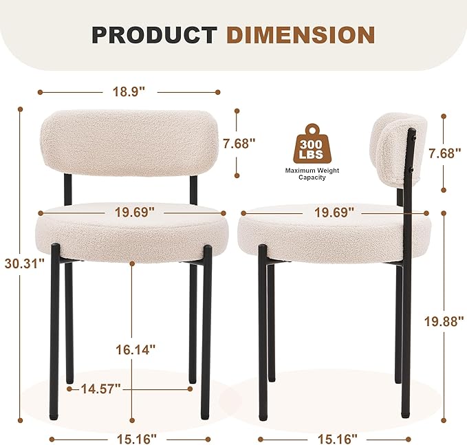 Dining Chairs Set of 6, White Boucle Dining Chair, Curved Backrest Upholstered Dining Room Chairs with Black Metal Legs, Mid Century Modern Dining Chairs for Kitchen, Living Room, White