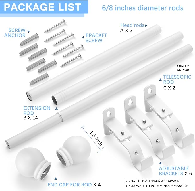 Curtain Rods for Windows 16 to 136 Inches, Curtain Rod Max Adjustable Length of 144 IN, 6/8" Diameter Drapery Rods Round Finials, White, Pack of 2