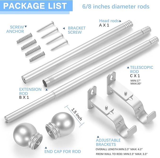 Curtain Rods for Windows 16 to 48 Inches, Curtain Rod Max Adjustable Length of 60 IN, 6/8" Diameter Drapery Rods Round Finials, Satin Silver, Pack of 1