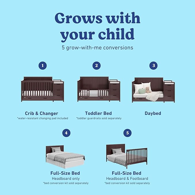 Graco Hadley All-in-One Convertible Crib & Changer (Espresso) – GREENGUARD Gold Certified, Fits Standard Crib Mattress, Converts to Toddler Bed and Full Bed, 4 Adjustable Mattress Heights