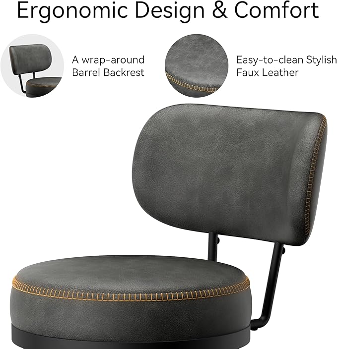 Counter Height Bar Stools, 26" H Swivel Barstools Set of 6, Faux Leather Kitchen Counter Stools with Back and Stylish Stitching, Metal Frame, Pub, Home Bar, Black Grey