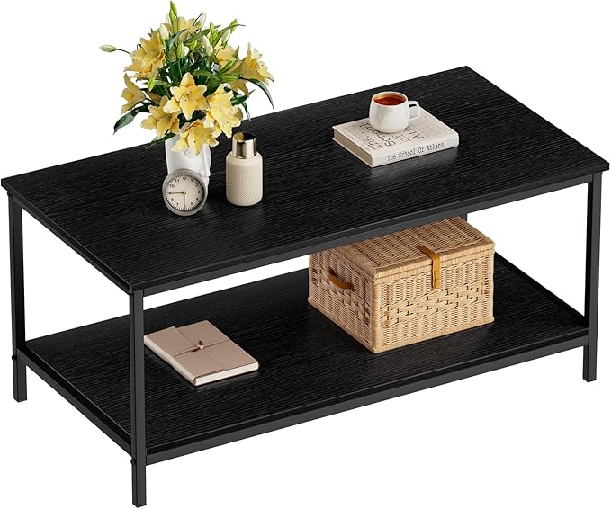 SAYGOER Black Coffee Table for Living Room Modern Rectangle 2-Tier Coffee Tables with Storage Industrial Wood Center Table for Large or Small Spaces Apartment Home Office, All Black