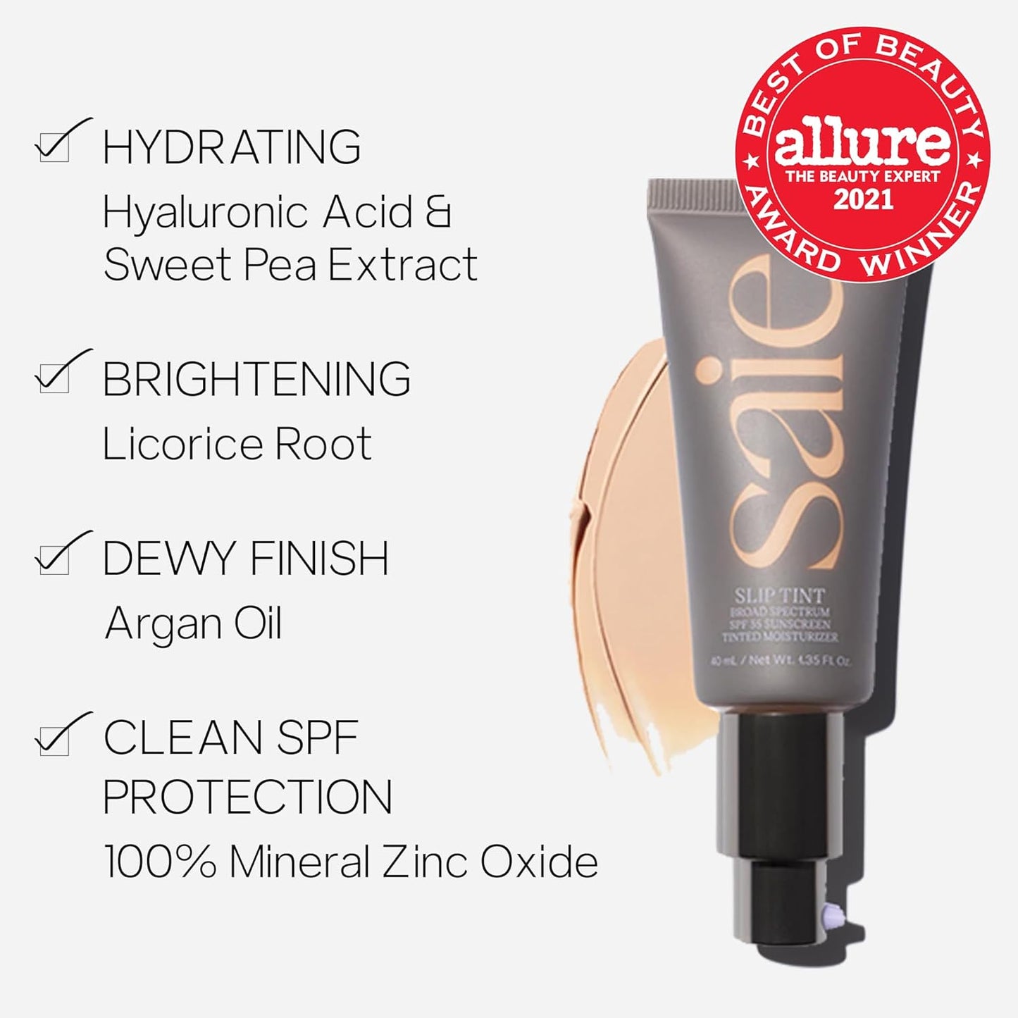 Saie Slip Tint Tinted Moisturizer with SPF 35 - Light Coverage, Glowy Skin Tint & Mineral Sunscreen for Face with Hydrating Hyaluronic Acid - Summer Makeup Essential - Shade Three + Half (1.35 oz)