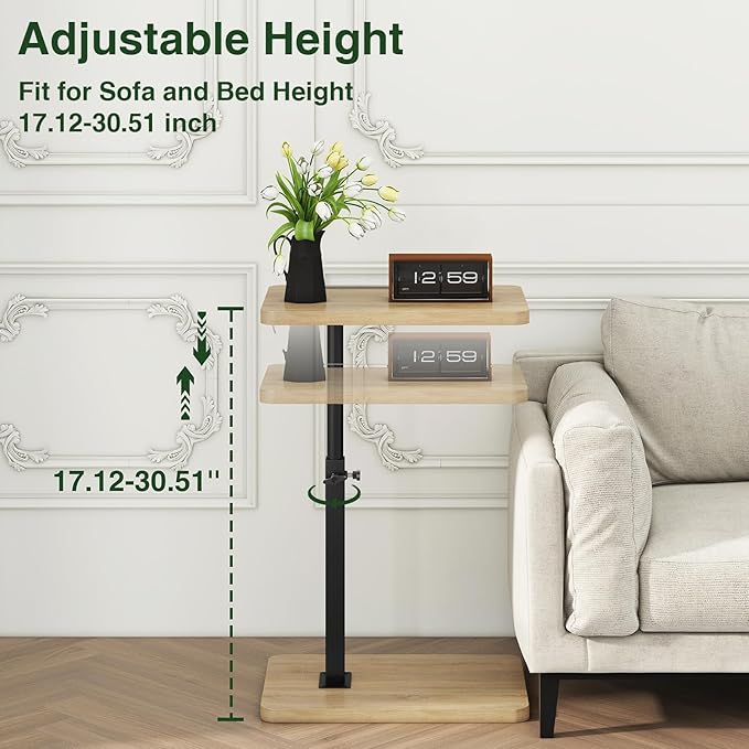 IBUYKE Tray Table for Couch, 360° Swivel Height Adjustable End Table for Small Spaces, with Phone & Tablet Slot, Modern Small Coffee Snack Table for Sofa/Bed, Natural UTVT003R