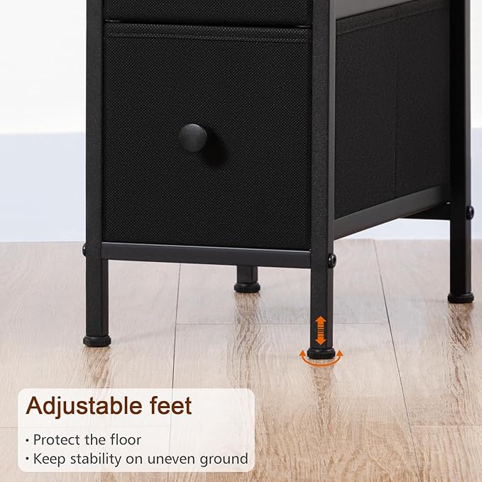 Narrow End Table Living Room with Charging Station, Skinny Side Table with Fabric Drawers, Slim Nightstand for Bedroom, Small Spaces, Couch, Black, HETNDP02BK-1