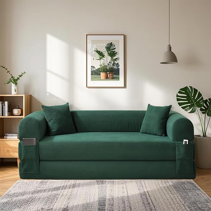 80" Convertible Sofa Bed, 3-in-1 Corduroy Folding Pull Out Couch with Pillows, No Assembly Modern Boneless Couch Compression Sofa in Box, Floor Sofa with Side Storage Pocket for Living Room,Dark Green