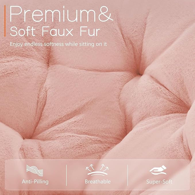 Saucer Chair Faux Fur with Soft and Thick Padded Seat Metal Frame, Modern Style Folding Cozy Chair for Living Room, Bedroom, XL, Pink