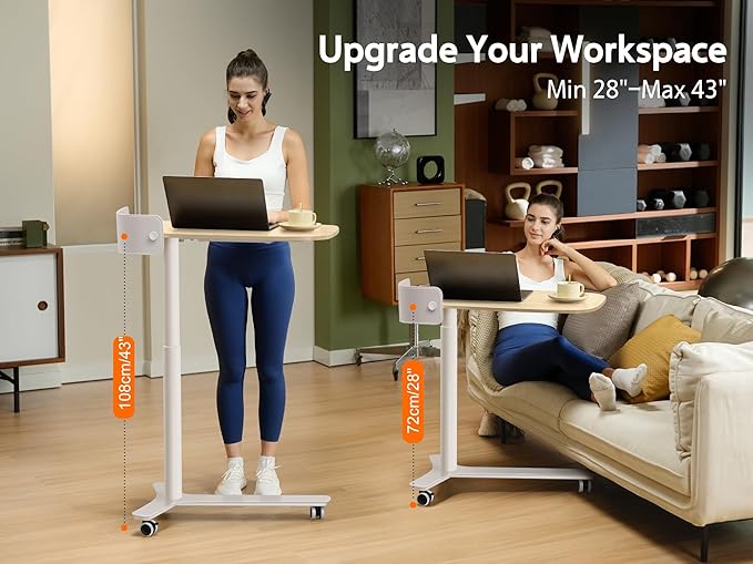 Rolling Desk Adjustable Height with Drawer and Wheels, Portable Small Standing Desk Pneumatic for Home Office, Mobile Computer Laptop Desk Cart, Medical Sofa Overbed Table, Oak