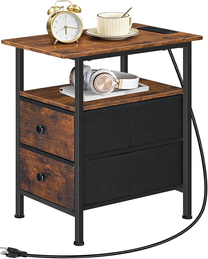 HOOBRO End Table with Charging Station, Narrow Side Table, Nightstand with 2 Non-Woven Drawers, Slim Sofa Side Table, for Small Spaces, Living Room, Bedroom, Rustic Brown and Black BF486UBZ01
