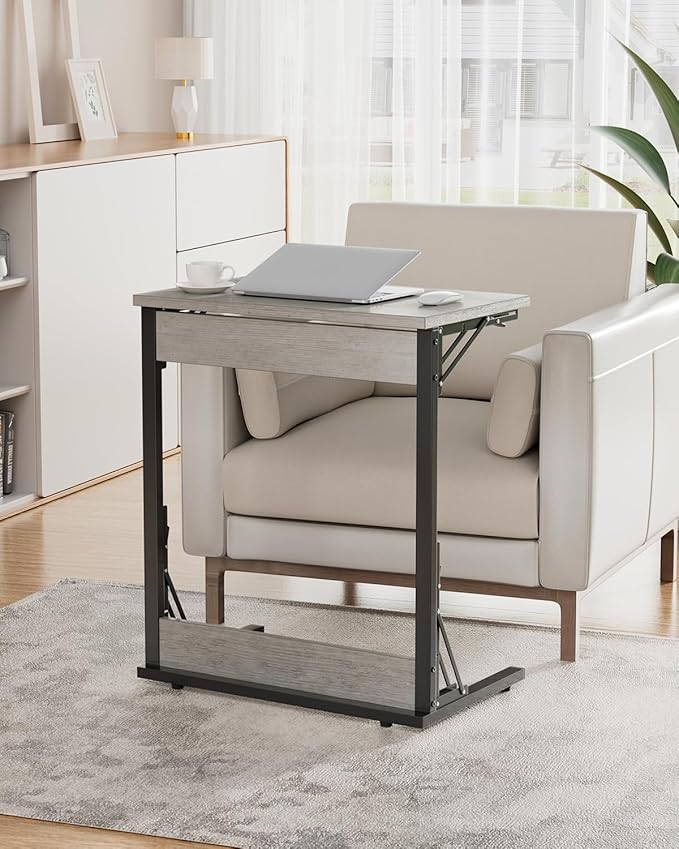 Tatub Folding TV Tray Table Set of 2, 24" Wide C-Shaped End Table for Couches, Small Sofa-Side Laptop Desk with Metal Frame for Living Room, Bedroom, Ivory White