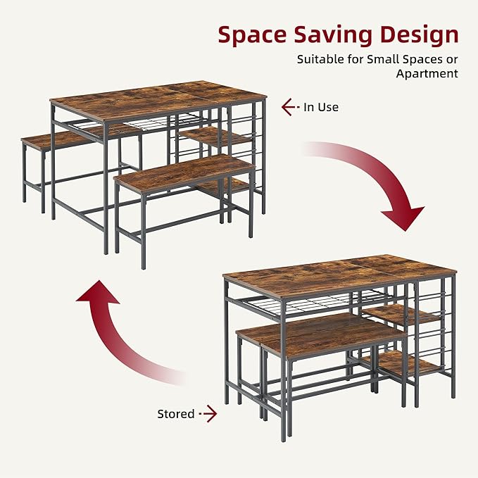 IDEALHOUSE Dining Table Set for 4, Kitchen Table Set for 4 with 2 Benches, Rectangular Dining Room Table Set with Wine Rack, 3 Piece Dining Table Set for Small Space Apartment, Rustic Brown